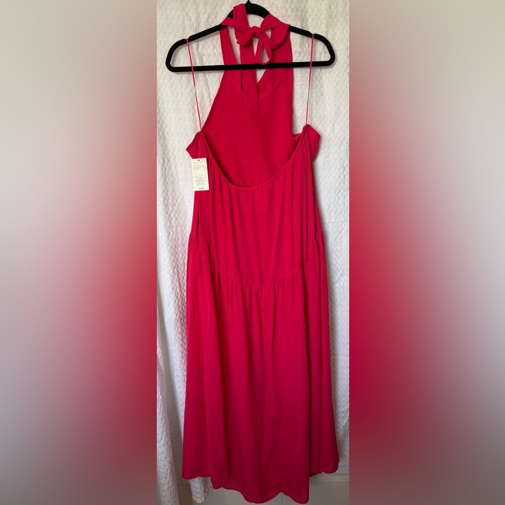 A New Day Hot Pink Halter Tie Neck Midi Dress Pockets Sleeveless Size L NWT - Picture 3 of 5
